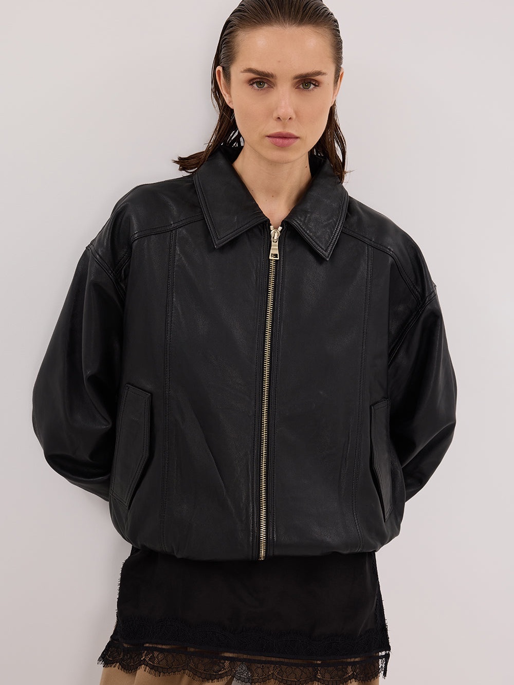 DISSH HUTTON BLACK LEATHER BOMBER JACKET - 6 / BLACK